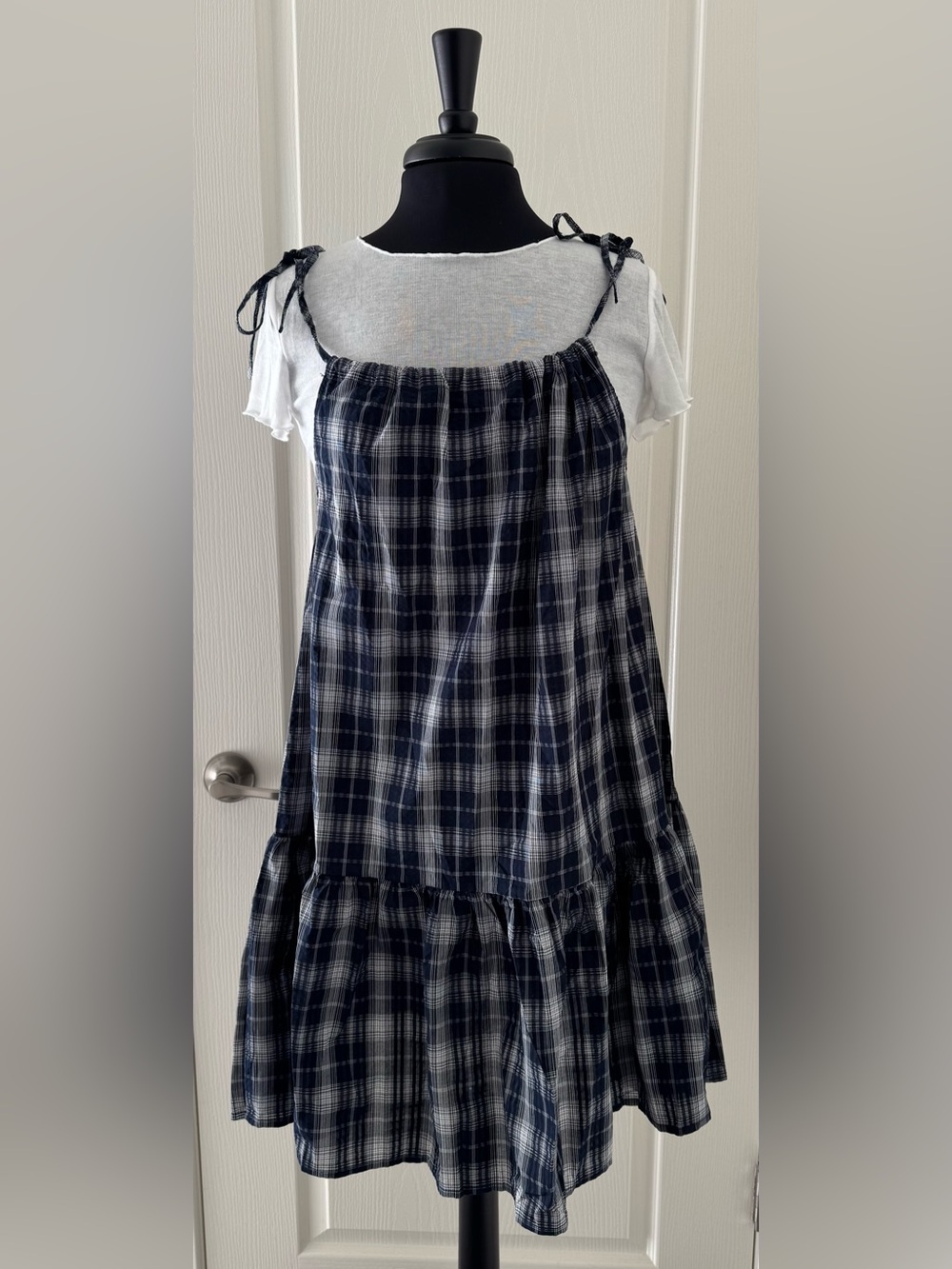 Navy Plaid Two Piece Tie-Shoulder Baby Doll Dress